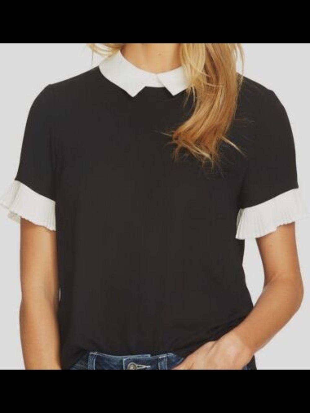CeCe Black Short-Sleeve Top with White Collar and Pleated Cuffs